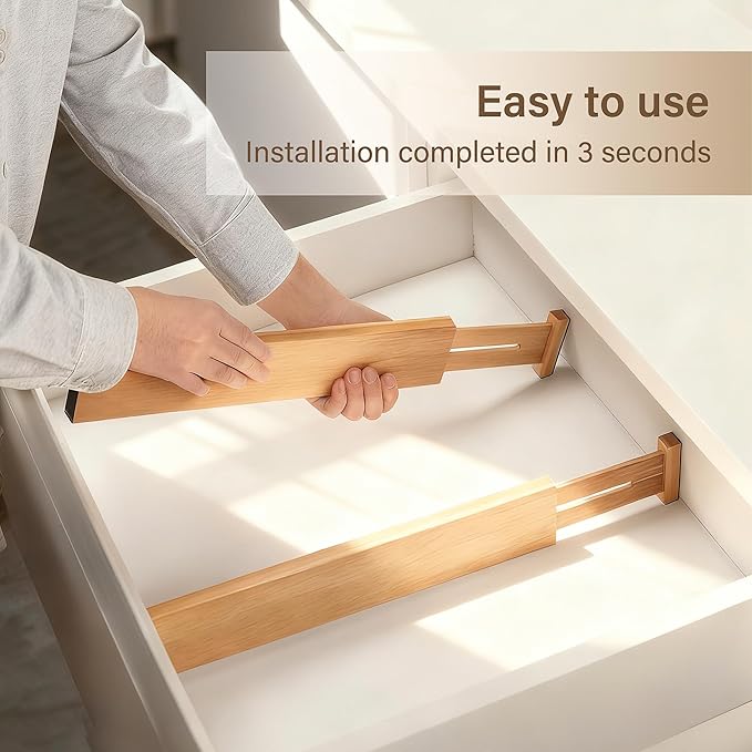Bamboo Drawer Divider Set of 8, Adjustable Spring-Loaded Drawer Organizer (16.9"-22.2"), 2.3" Height, Suitable for Kitchen, Desk, Bathroom, Clothing, and Miscellaneous Drawer Organization, Natural