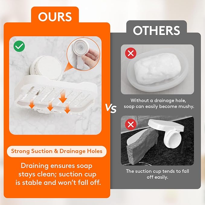 Lifewit Suction Cup Soap Dish for Shower, 1 Pack Drainable Soap Holder for Bathroom Kitchen Wall, NO-Drilling Removable Bar Soap Sponge Rack for Glass Window Strong Vacuum Suction Anti-Drop, White