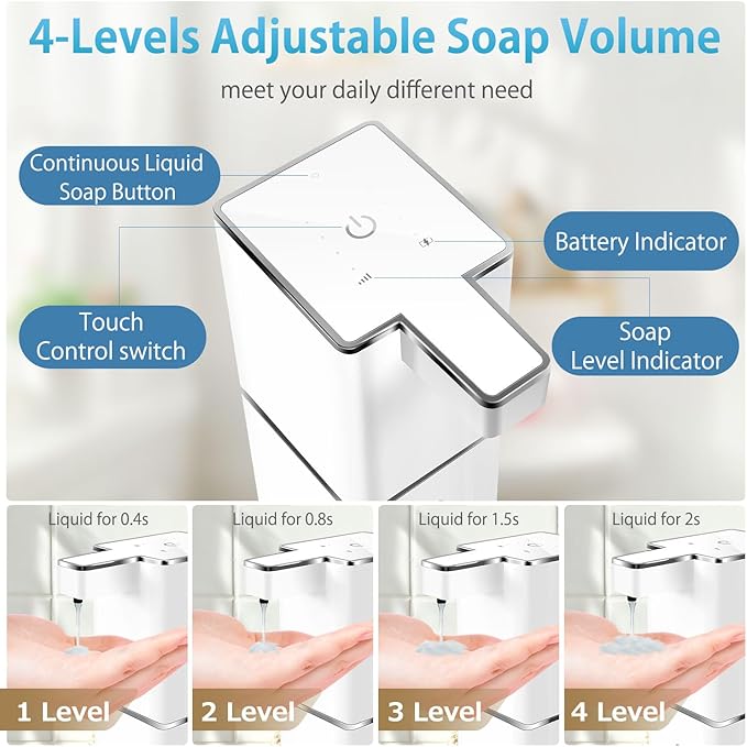 Automatic Liquid Soap Dispenser Touchless Soap Dispenser 380ml/12.8oz Rechargeable, Wall Mounted,4 Levels Adjustable Auto Soap Pump for Bathroom Kitchen Dish Soap
