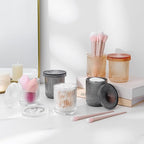 rejomiik Glass Qtip Holder Dispenser 2 Pack, Bathroom Canister Apothecary Jars with Lids, Vanity Makeup Accessories Storage Organizer for Cotton Swabs, Cotton Balls, Pads, Floss Picks, Amber