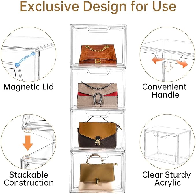 Stackable Storage Bins, Clear Acrylic Display Case, 9-Pack Acrylic Boxes with Lids, Clear Storage Containers Storage for Handbags, Collectibles & Figures