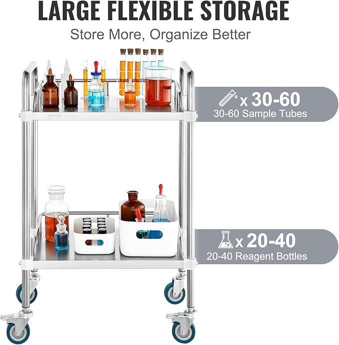 VEVOR Lab Rolling Cart, 2-Shelf Stainless Steel Rolling Cart, Lab Serving Cart with Swivel Casters, Dental Utility Cart for Clinic, Lab, Hospital, Salon, 15.16"x21.57"x34.06"