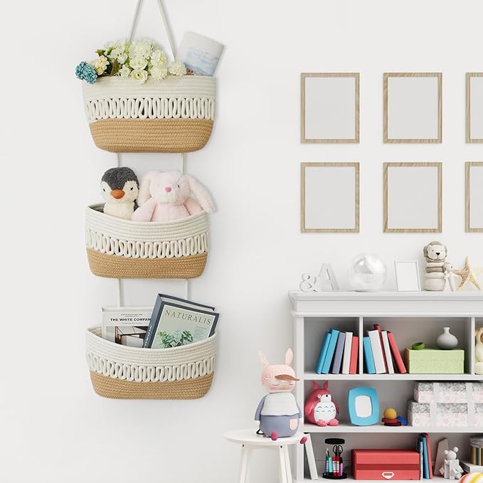 danpinera Over the Door Hanging Baskets for Organizing, 3-Tier Hanging Wall Basket for Storage, Woven Cotton Rope Baskets Storage Decorative for Nursery, Bedroom, Living Room, Kitchen, White & Jute