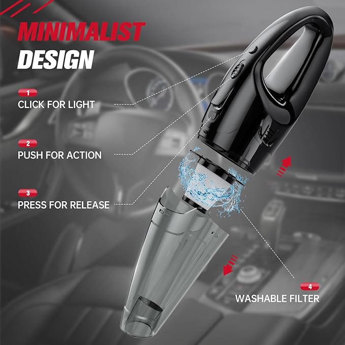 Handheld Vacuum Cordless Rechargeable, Car Vacuum Cleaner with LED, USB Charge, 1.65LBs Hand Vacuum Cordless, for Car/Home/Pet