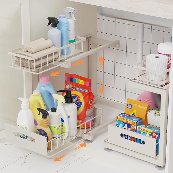 2 Pack Under Sink Organizer, 2-Tier Heavy Duty Metal Pull Out Cabinet Organizer Slide Out Sink Shelf Organizer Height Adjustable, Multi-Purpose Storage Shelf for Kitchen Bathroom (Sand, 2 Pack)