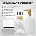 Kitchen Soap Dispenser Set with Instant Dry Tray,16 Oz Hand and Dish Soap White Glass Dispenser Set,Stainless Steel Pump,Waterproof Labels&Dish Brush,Luxury Soap Bottle for Kitchen,Bathroom
