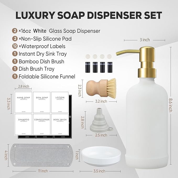 Kitchen Soap Dispenser Set with Instant Dry Tray,16 Oz Hand and Dish Soap White Glass Dispenser Set,Stainless Steel Pump,Waterproof Labels&Dish Brush,Luxury Soap Bottle for Kitchen,Bathroom