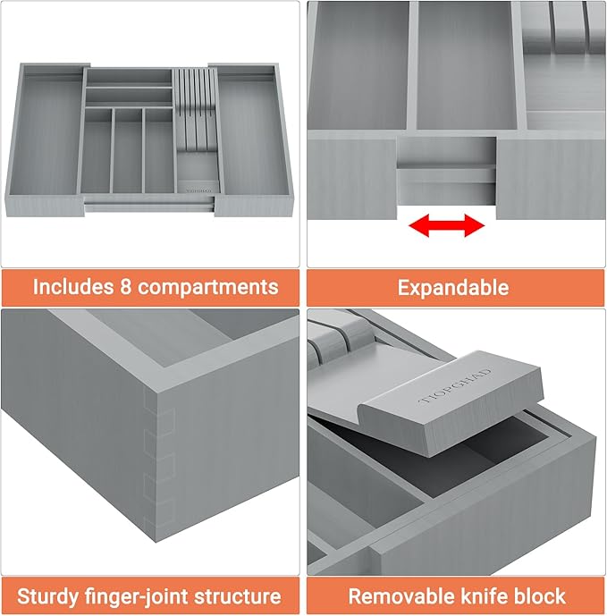 Bamboo-Silverware-Drawer-Organizer-Kitchen, Expandable Utensil Holder Cutlery Tray Flatware Organization Adjustable Wood Tableware Dividers Storage (with Removable Knife Block)(Grey)