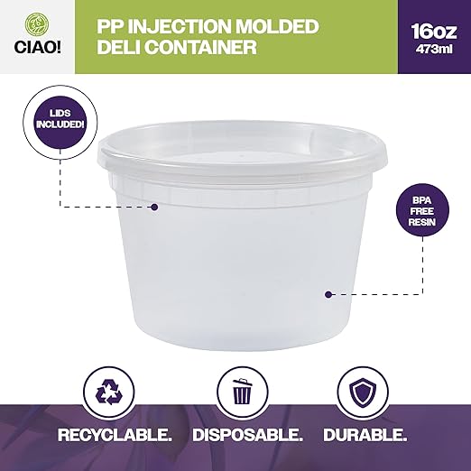 CIAO! 16oz PP Injection Molded Soup-Deli Container with LLDPE Lid, Microwavable and BPA Free (240/240 combo pack)