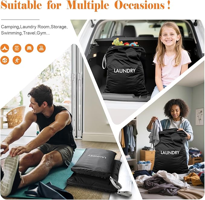 WiseBoy 2 Pack Laundry Bags, Washable Wet Dry Bag, Travel Laundry Bag Dirty Clothes Organizer, Swimming Yoga Bathing Suit Workout Wet Dry Bag - Black