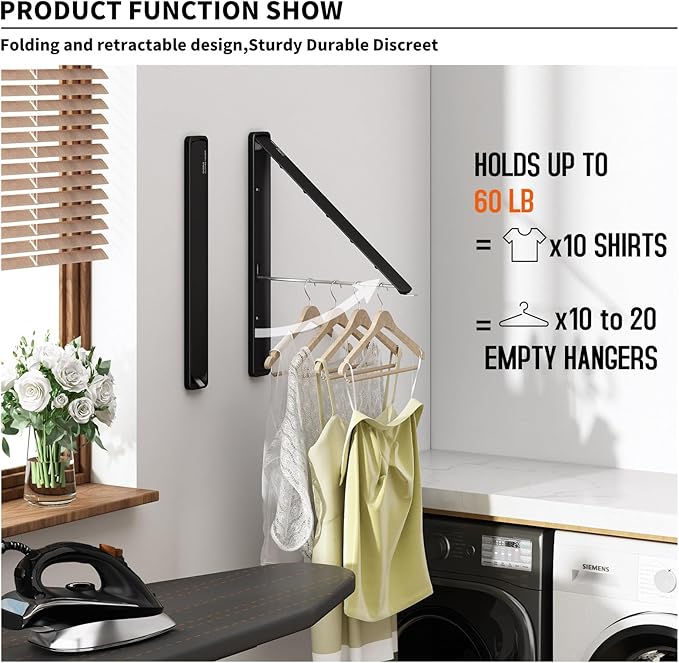 Clothes Drying Rack for Laundry Drying Rack Wall Mounted Clothes Hanger Rack Retractable Laundry Hanger Dryer Rack Space Saving Closet Organizer Aluminium (Black)