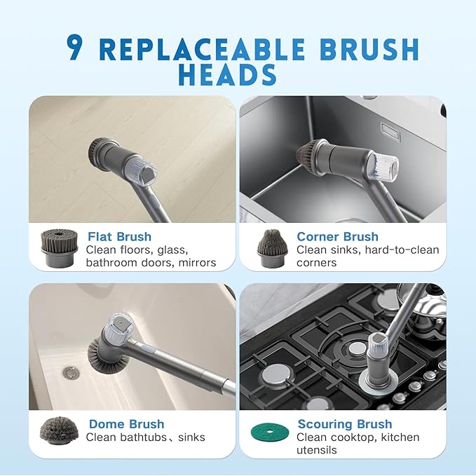 Electric Spin Scrubber,Spray with Foam Cordless Cleaning Brush, 2-Speed Shower Scrubber, Shower Cleaning Brush with 8 Replaceable Brush Heads, Adjustable Removable Handle for Bathroom, Kitchen（Gray