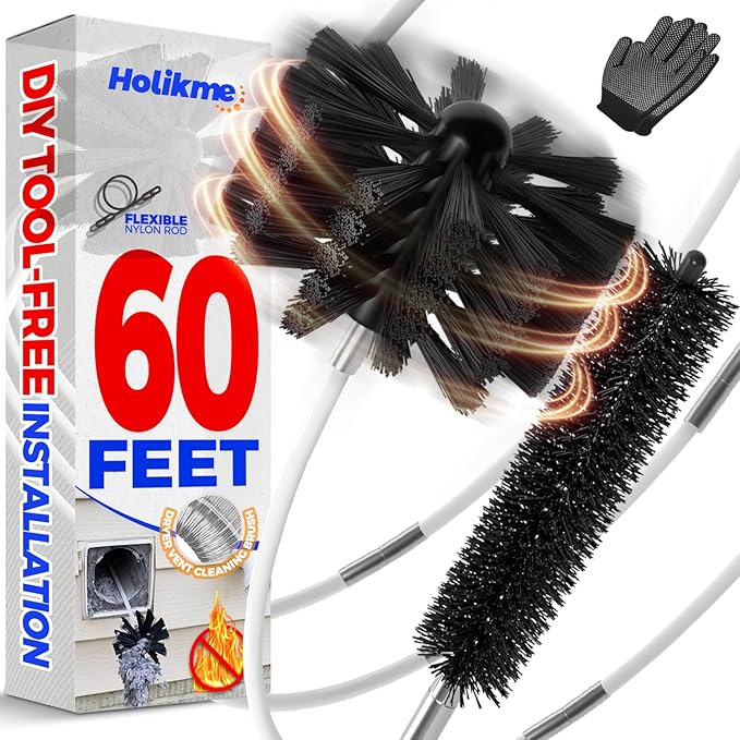 Holikme 60 Feet Dryer Vent Cleaner Kit,Lint Remover Flexible Brush and Drill Attachment Extends Up to 60Feet, 2 Synthetic Brush Head Use with or Without a Power Drill