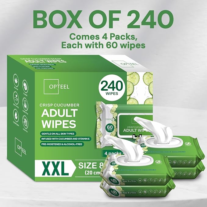 Adult Wipes Extra Large Scented - Skin-Friendly Incontinence Wet Wipes for Adults & Elderly No-Rinse Disposable Washcloths - 8x13" 4 Packs of 60 (240 Wipes)