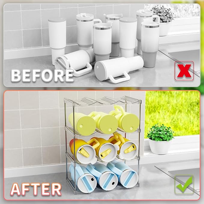 Yieach Stackable Water Bottle Organizer for Stanley,Yeti 40 oz and Others Tumbler Organizer,2 Tier Waterbottle Storage Rack,Clear Acrylic Cup Organizers for Kitchen Cabinets,Countertop,Pantry Shelf