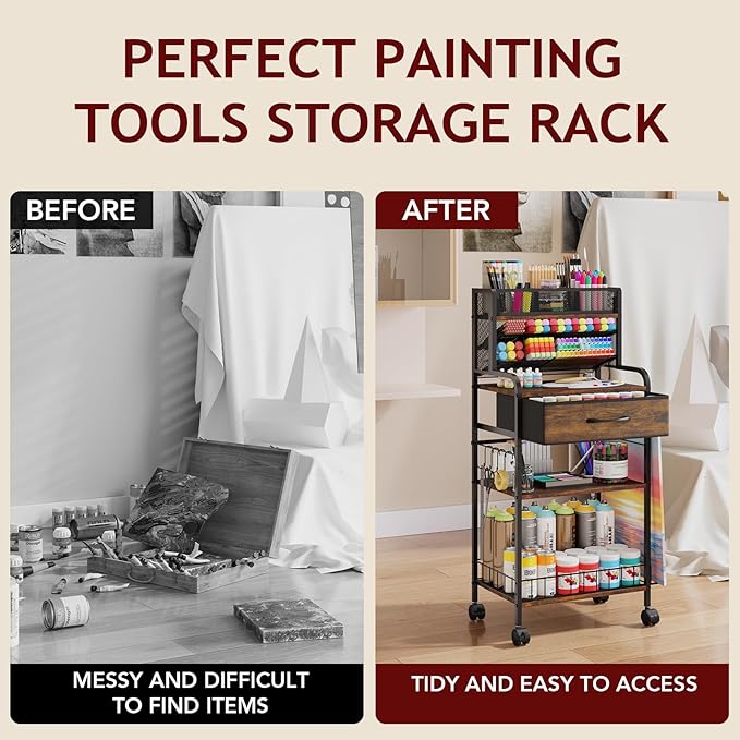 Art cart, 3 Tier Rolling Cart - Utility Cart with Storage Drawer and Wheels, Versatile Art & Craft Organizer for Home, Office, or Studio Ideal for Storing Brushes, Paints （Brown）