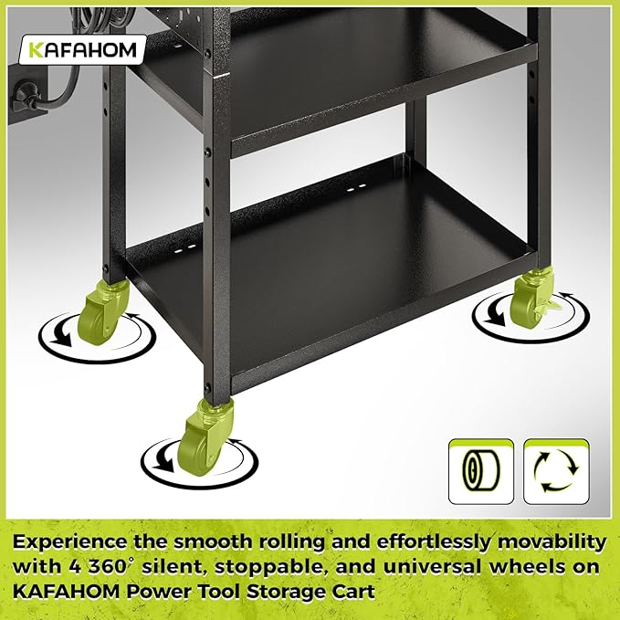 KAFAHOM Power Tool Cart with Charging Station, Rolling Cart with Drawer, Heavy Duty Power Tool Organizer with 360 Silent Wheels, Storage for Garage, Warehouse & Repair Shop