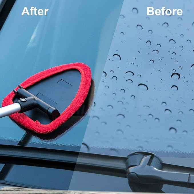 TAKAVU Windshield Window Cleaner Tool, Extendable Long-Reach Handle, Unique Pivoting Triangular Head, 3 Washable Reusable Microfiber Bonnets, Car & Home Inside Interior Exterior Use - Lint Free (Red)