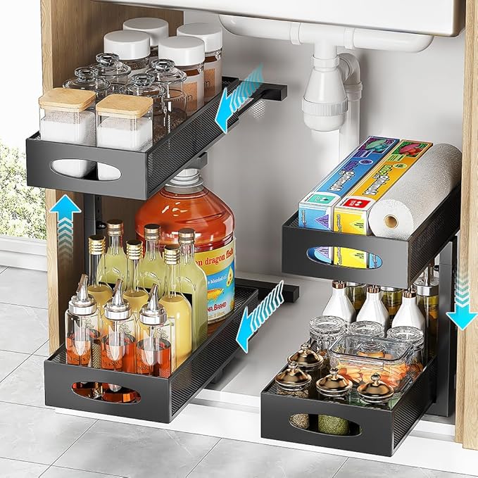 Under Sink Organizer, 2-Tier Pull Out Cabinet Organizer with Adjustable Height, Use in Kitchen Bathroom Cabinet and Countertop Storage, Black, 2-Pack