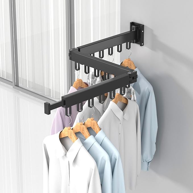 Clothes Drying Rack, Laundry Drying Rack Wall Mount for Bathroom, Retractable and Foldable Clothes Hanging Rack with U-Hooks for Laundry Room, Balcony, Closet, Bedroom(Tri-Fold), Black