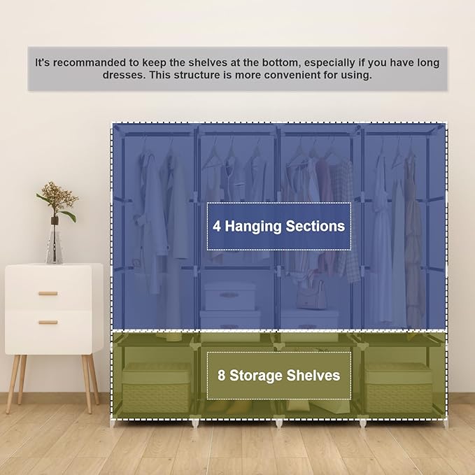 MOGELAFOO Portable Closet Wardrobe, 67-Inch Clothes Organizer with 4 Hanging Rods and 8 Shelves, Non-Woven Fabric Cover, Large Capacity Storage for Bedroom and Living Room, Black