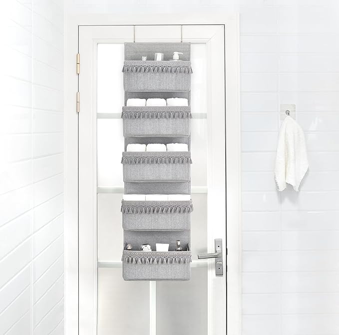 Dahey Over The Door Organizer Boho Nursery Storage Decor Closet Hanging Organizer with Tassels Decoration for Bedroom Nursery Bathroom Apartments Dorm Pantry, 5 Pockets, Grey