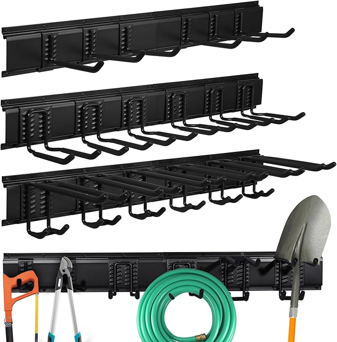 Mayouko 48 Inches Garage Tool Storage Rack, Garage Garden Storage Organizer Wall Mount, 16" x 3 Racks, Yard Shovel Rack Holder for Hanging Landscaping Equipment, Ladders, Adjustable Hook