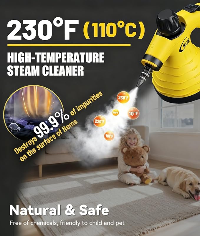 KOK Handheld Steam Cleaner for Home Use, Portable Pressurized Steam Shot Cleaner with 10-in-1 Attachments Kit for Kitchen, Car, Bathroom, Wall, Floors & Windows | Chemical-Free Deep Cleaning Steamer