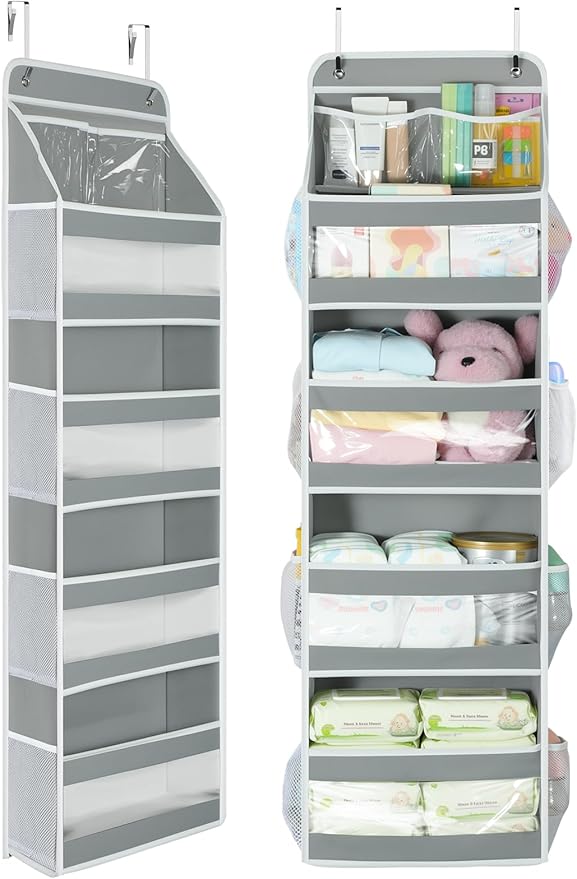 Yecaye 5 Tier 1Pc Over the Door Organizer, Swing-proof Door Organizer Hanging with Clear PVC Windows, Behind the Door Storage for Bedroom Nursery Closet Laundry Pantry Bathroom, Grey