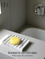 Marble Soap Dish - Soap Dish for Shower, Shower Bar Soap Holder, Real Marble Bathroom Tray, Decorative Stone Soap Dish with Drainage (Calacatta White, Round Wave)