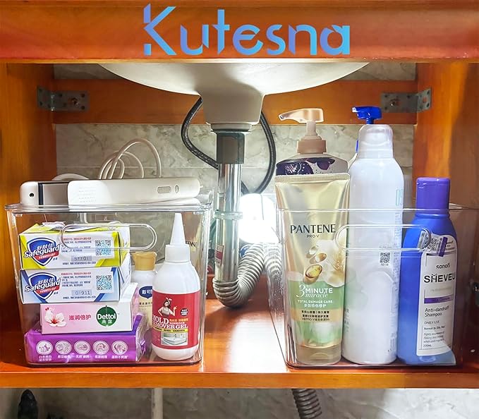 6 PCS Clear Plastic Storage Bins, 2-Sizes Stackable Storage Containers, Pantry Organizers and Storage with Handles, Perfect for Bathroom,Cabinet,Cupboard,Kitchen,Fridge,Closet Organization