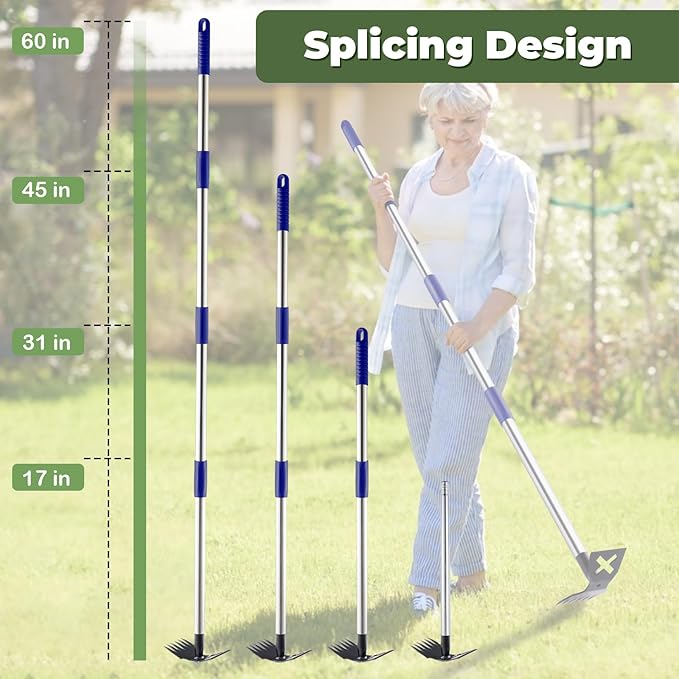 Weed Puller Tool with Long Handle, 60'' Weed Remover Weeding Tool, Heavy Duty 2 in 1 Manual Weed Rake and Garden Hoe, Gardening Weeder Tools for Yard, Lawn, Patio, Garden Blue