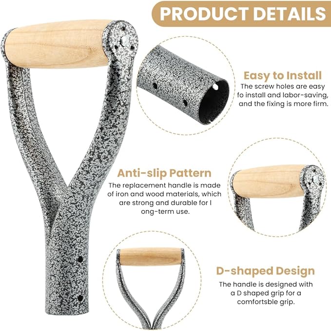 Shovel D Grip Handle, 32mm Inner Diameter Metal Shovel Replacement Handle with Wooden Grip Spade Snow Scoop Digging Raking Tools Snow Shove-l for Digging Raking(Color:Sliver)
