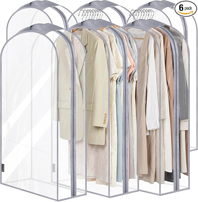 BALEINE 40'' Clear Garment Bags, 10.5'' Wide PEVA Suit Bag for Closet Clothes Dresses Suit Coats Storage (Clear, 6PK)
