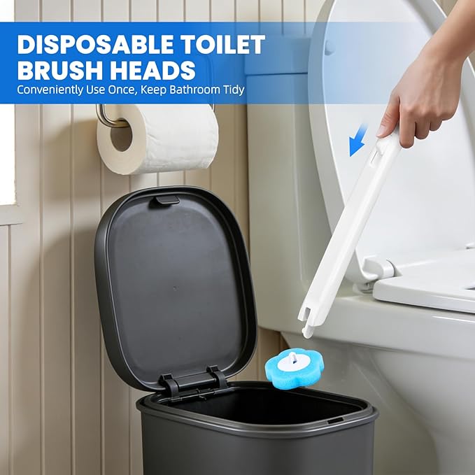 Disposable Toilet Brush with 48 Refills, Toilet Brushes and Holders, Toilet Wand Brush Starter Kit, Wall Mounted Toilet Bowl Cleaner Wand for Bathroom Maintenance