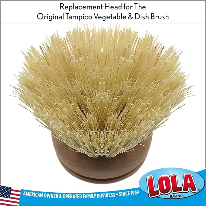 Lola Products Replacement Head for The Original Tampico Vegetable & Dish Brush, Birch Hardwood & Tampico Bristles, Reusable & Washable, 3 Pack