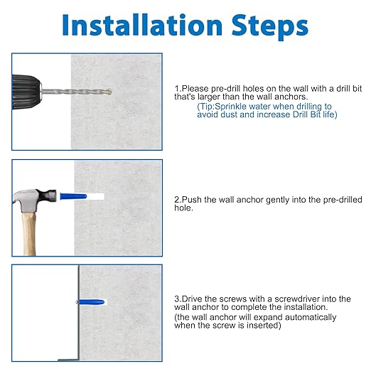 Easily 190 Pcs Wall Anchors and Screws for Drywall, Conical Concrete Wall Anchors and Screws Assortment Kit, Blue Conical Anchor and Self Tapping Screw with 3 Pcs Masonry Drill Bits, Four Sizes