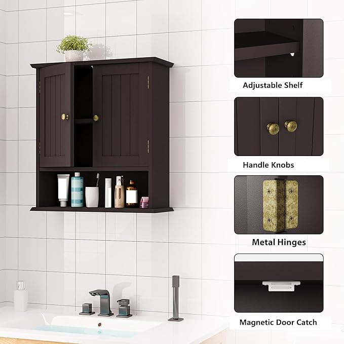 Bathroom Wall Cabinet, Over The Toilet Storage Cabinet with 2 Doors and Adjustable Shelf, Wooden Medicine Cabinet Wall Mounted, Room Space Saver for Bathroom Kitchen