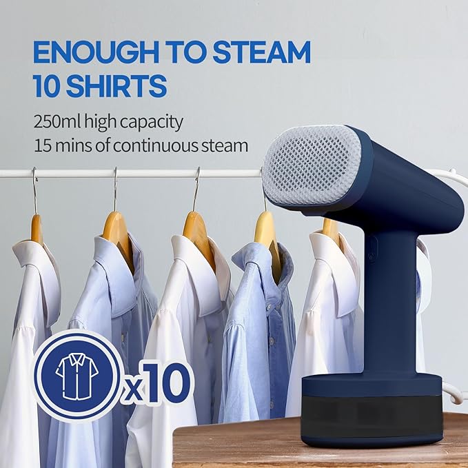 HubiCare Steamer for Clothes, 1500W with Large 250ml Tank, Handheld Clothing Steamer, Fabric Wrinkle Remover, Portable & Compact Travel Size Garment Steamer ONLY FOR 120V (Navy)
