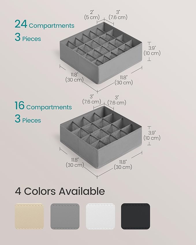 SONGMICS 6 Pack Drawer Organizers, 120 Cells (3x16+3x24), Foldable Dividers, 11.8 x 11.8 x 3.9 Inches, for Socks, Underwear, Ties, Belts, Dove Gray URUS011G02