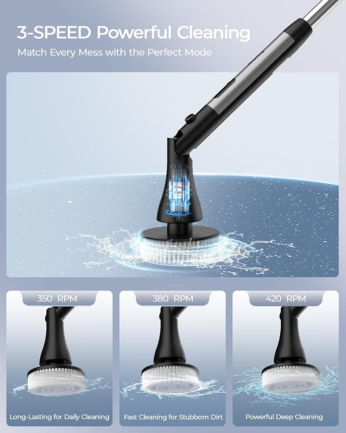 MayKing Electric Spin Scrubber with 9 Brush Heads, 3-Angle & 4-Length Adjustable Cordless Power Scrubber, 3-Speed & Battery LED Display, Electric Scrubber for Cleaning Bathroom Bathtub Floor Tiles