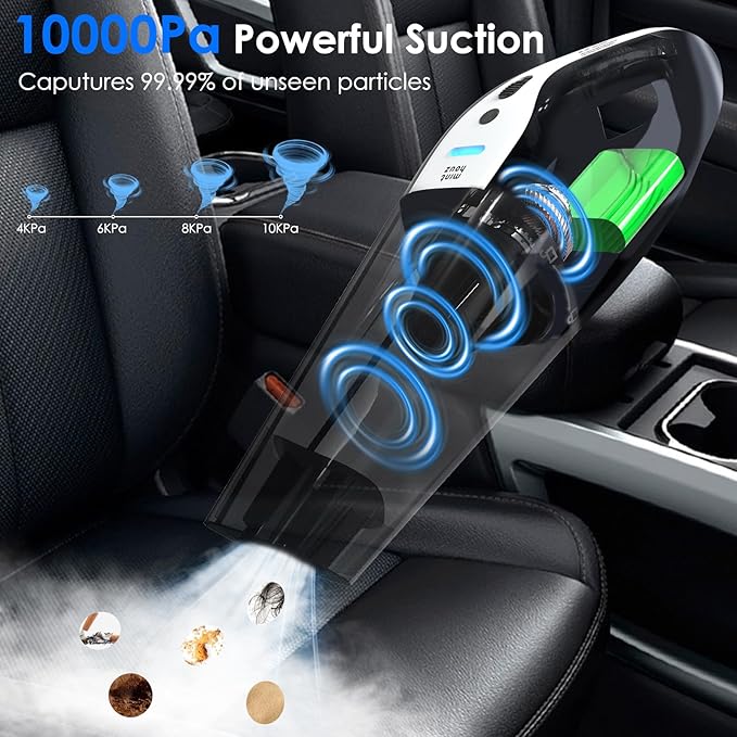Minthouz Car Vacuum Portable Cordless, 10000Pa Vacuum Cleaner, 120W Brushless Motor Handheld Vacuum Cordless, LED Light, Multi-Nozzles for Car, Home, Office, Pet