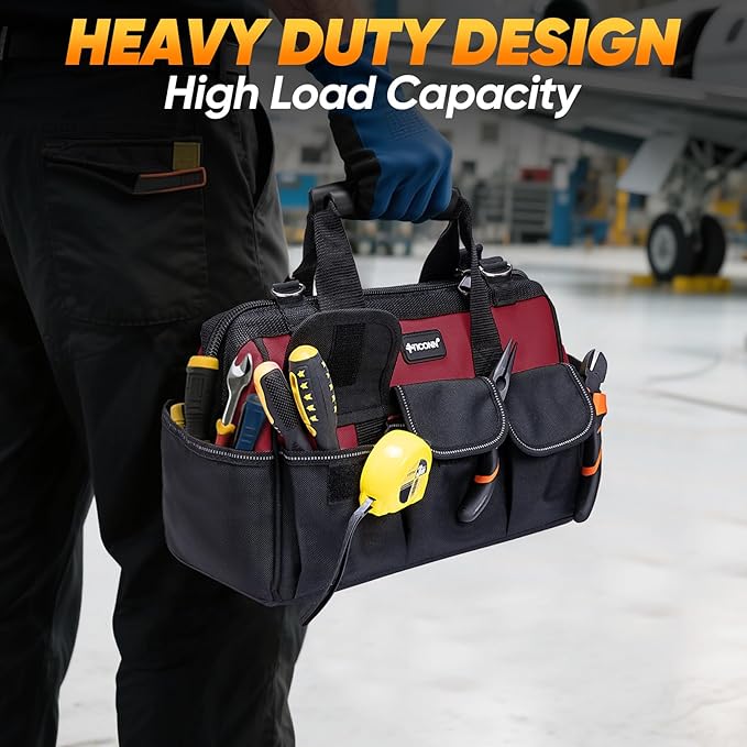 TICONN Heavy Duty Tool Bag with Multi-Pockets, Portable Tool Box Organizer Storage Bag, with Adjustable Shoulder Strap and Ergonomic Handle (Red, 14" Standard Base)