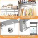 iSunirm 8FT Closet System, 96'' Closet Organizer System with 3 Hanging Rods, Wall Mount Bedroom Wardrobe with 3 Drawers Walk-in Closet, Adjustable Cloth Garment Rack from 5 to 8FT (Cut to Fit), Grey
