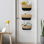 danpinera Over the Door Hanging Baskets for Organizing, 3-Tier Hanging Wall Basket for Storage, Woven Cotton Rope Baskets Storage Decorative for Nursery, Bedroom, Living Room, Kitchen, Jute & Black