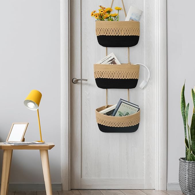 danpinera Over the Door Hanging Baskets for Organizing, 3-Tier Hanging Wall Basket for Storage, Woven Cotton Rope Baskets Storage Decorative for Nursery, Bedroom, Living Room, Kitchen, Jute & Black
