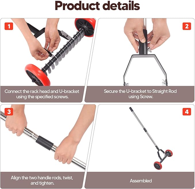 Uranshin Lawn Thatch Rake with Wheels, Dethatching Roller Rake for Lawn Care, Sturdy Stainless Steel Blades Tines, Heavy Duty Yard Lawn Thatch Remover for Moss, Grass Clippings, Leaves & Debris