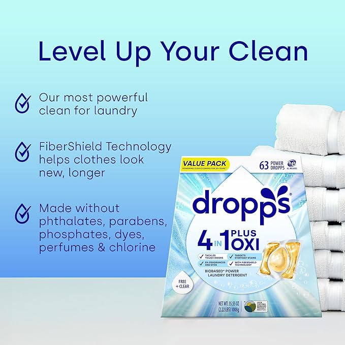 Dropps 4-in-1 Plus Oxi Free & Clear Power Biobased Laundry Detergent Pods, Unscented (63 Pods) - Chlorine-Free Bleach Alternative Biobased Laundry Whitener, Stain & Odor Remover