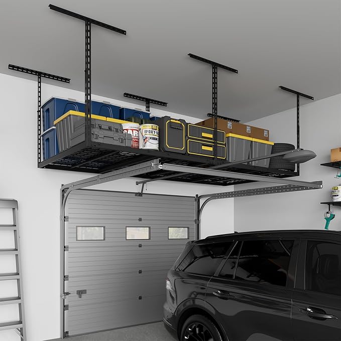 4X8FT Overhead Garage Storage Rack, 22"-48" Height Adjustable Garage Ceiling Storage Racks, Heavy Duty Metal Overhead Storage Organizer System, 600LBS Weight Capacity