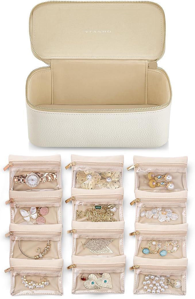 Vlando Jewelry Travel Case,Travel Jewelry Organizer with Clear Velvet Jewelry Bags Zipper Pouch for Women Girl Gift-12Pcs White